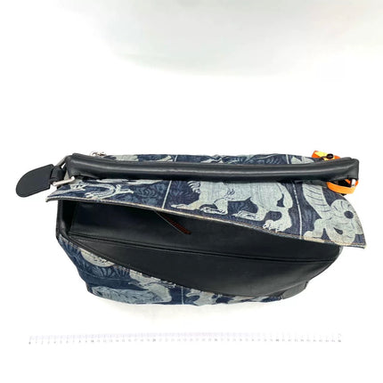 Loewe Puzzle Large Navy Leather and Denim Bird Print