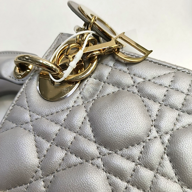 Lady Dior Mini Pearlescent Grey Cannage Lambskin Gold Hardware Chain Strap
