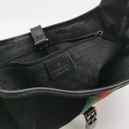 Gucci Jackie Vintage Medium Black Leather Suede Green Web Shoulder Bag