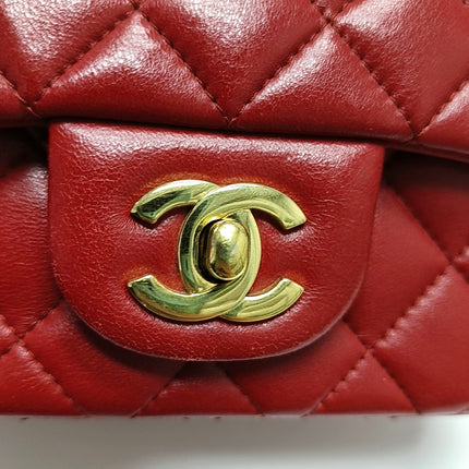 Chanel Classic Flap Mini Square Red Lambskin Leather Gold Hardware