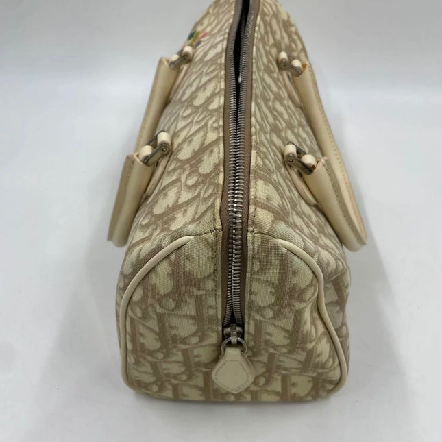 Dior Boston Bowling Bag White Oblique Monogram Canvas With Flower Embroidery