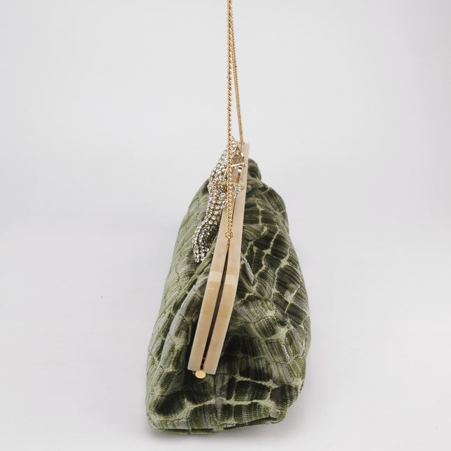 Gucci Crocodile-Pattern Green Velvet Jacquard Handbag Crystal Ribbon Chain Strap
