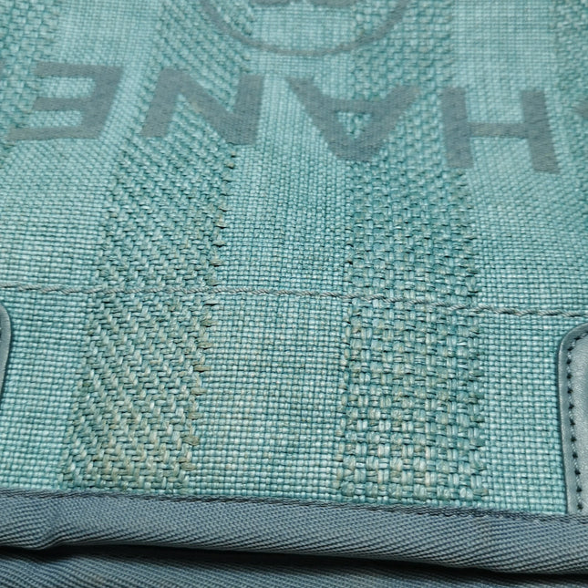 Chanel Deauville Tote Light Blue Turquoise Stripes Cloth Leather Chain Handle Small 34cm