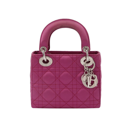 Lady Dior Mini Pink Silk with Silver Hardware-Luxbags