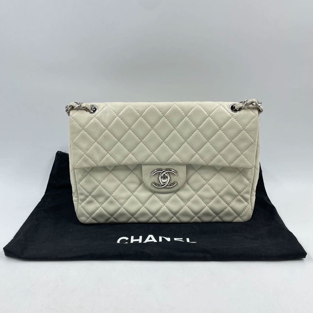 Sold Chanel Classic Flap Maxi Milk White Caviar Leather Silver-tone Hardware Giant CC Logo