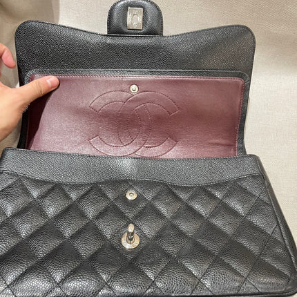 Chanel Classic Flap Jumbo 2012 Black Caviar Leather Double Flap Silver Hardware
