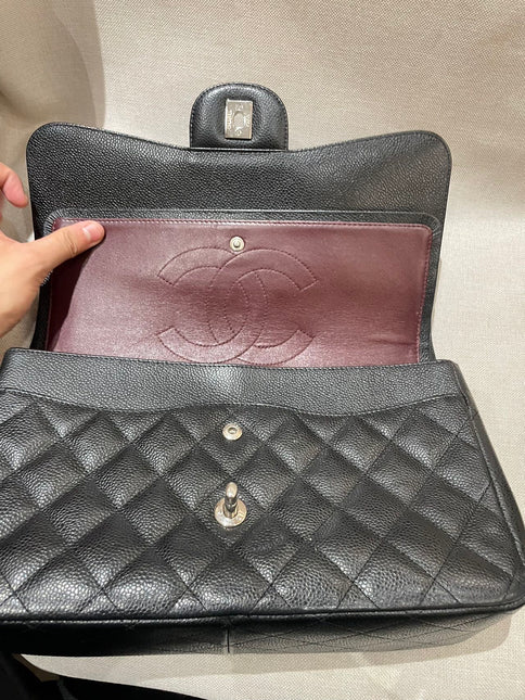Chanel Classic Flap Jumbo 2012 Black Caviar Leather Double Flap Silver Hardware