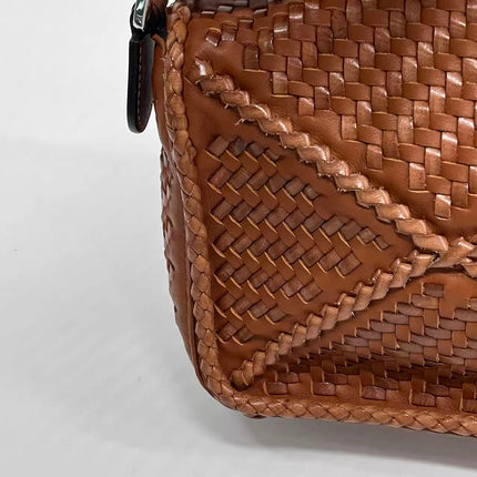 Loewe Puzzle Small Leather Woven Braided Tan Brown Crossbody Bag