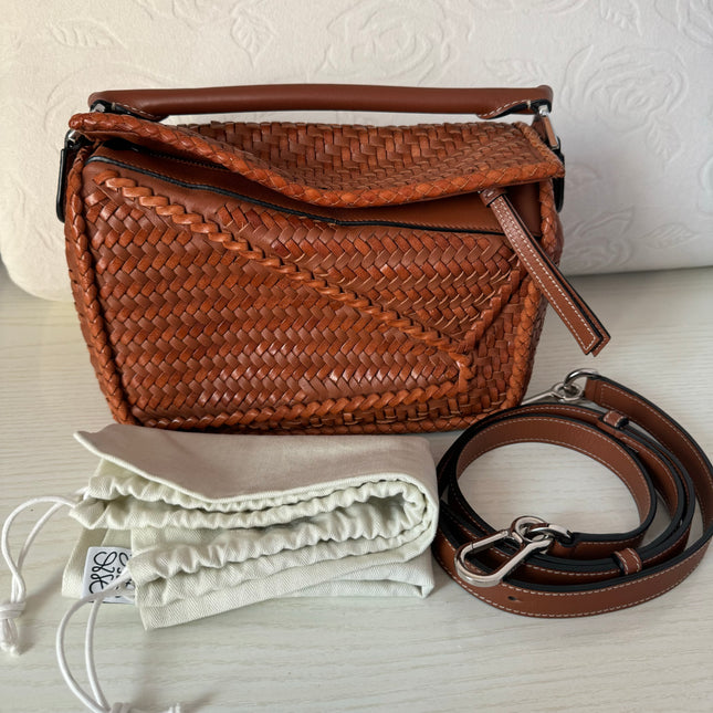 Sold Loewe Puzzle Small Leather Woven Caramel Tan Crossbody Bag