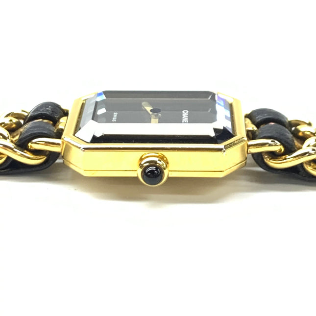 CHANEL 1987 Vintage PREMIERE Watch Medium Black Leather and 24KT Yellow Gold Plated