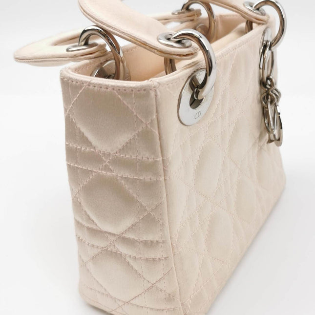 Sold Lady Dior Mini 2004 Beige Silk Handbag Silver Hardware