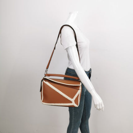 Loewe Puzzle Calfskin Crochet Trim Medium Caramel Tan Leather Bag