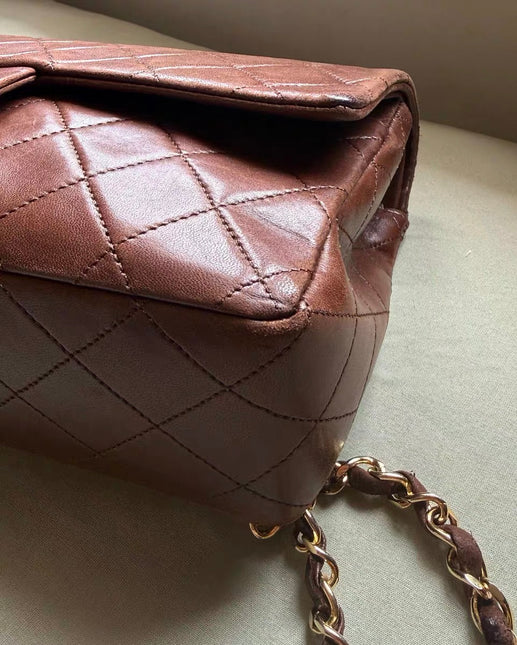 Chanel Classic Flap Rare Vintage Medium Brown Lambskin Leather 24k Gold Hardware 1989-1991