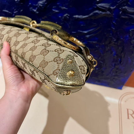 Sold Gucci Horsebit 1955 Large Cloth Beige Monogram Gold Leather Shoulder bag