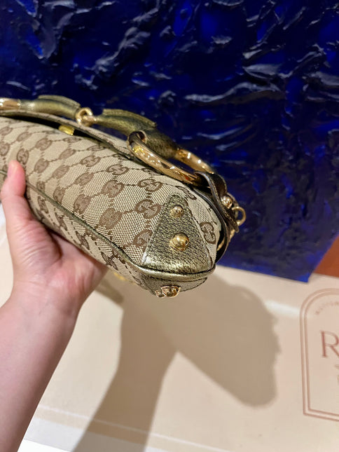 Sold Gucci Horsebit 1955 Large Cloth Beige Monogram Gold Leather Shoulder bag