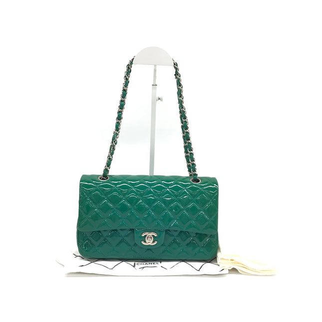 Chanel Classic Flap Medium Teal Blue Green Patent Leather Silver Hardware 2014-15-Luxbags
