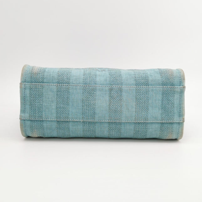 Chanel Deauville Tote Light Blue Turquoise Stripes Cloth Leather Chain Handle Small 34cm