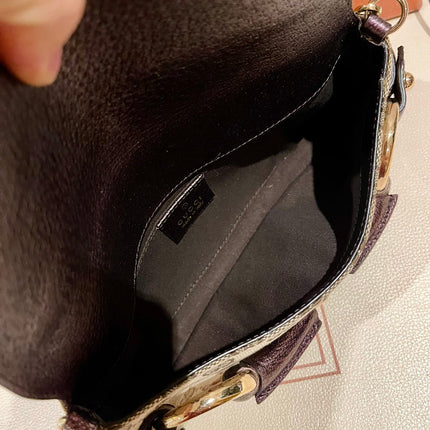 Sold Gucci Horsebit 1955 Chain Bag Gucci Monogram Iridescent Purple Leather and Gold Studs