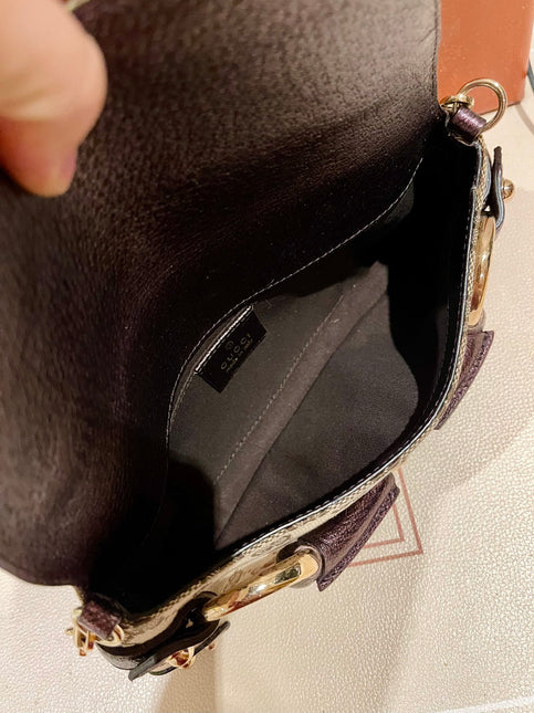 Sold Gucci Horsebit 1955 Chain Bag Gucci Monogram Iridescent Purple Leather and Gold Studs