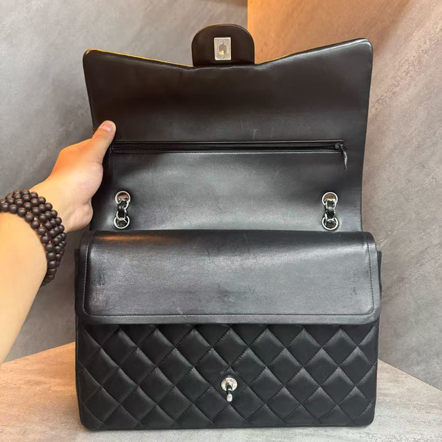 Chanel Classic Flap Maxi Black Lambskin Leather Double Flap Silver Hardware 2012