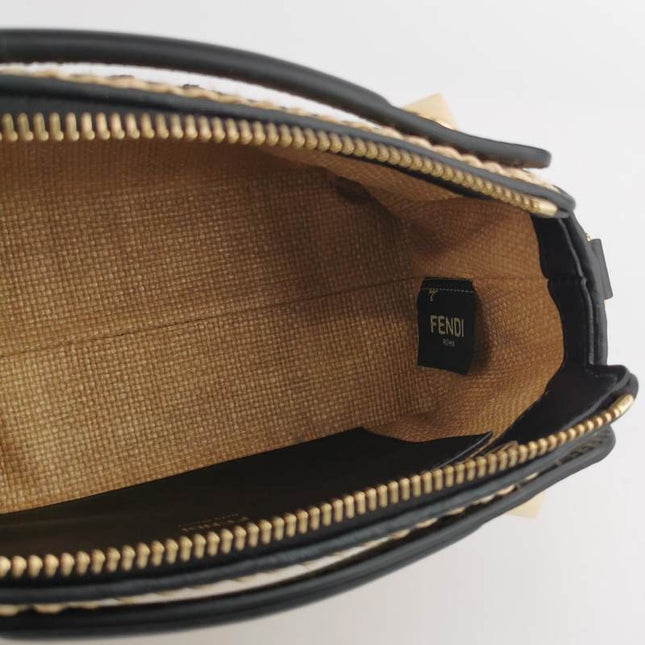 Sold Fendi By The Way Mini Raffia Straw Black Leather Crossbody Bag