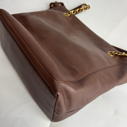 Chanel Vintage Front Pocket Tote Chocolate Brown Caviar Leather Double Gold Leather Chain