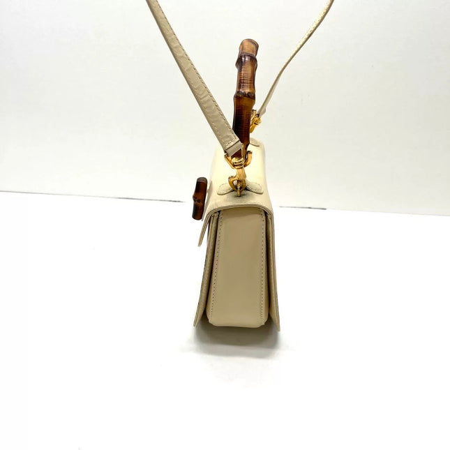 Gucci Bamboo 1947 Vintage Small White Box Leather Top Handle and Leather Strap Bag