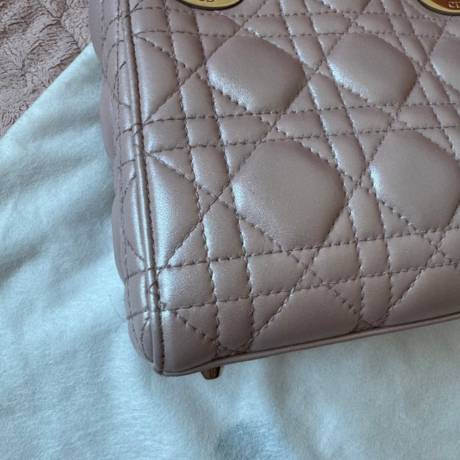 Lady Dior Mini Pearlescent Pink Lambskin Leather Gold HW Chain Strap