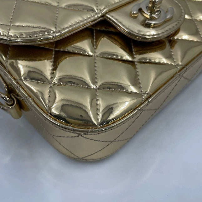 Chanel Classic Flap Mini Square Star Purse Gold Patent Calfskin Leather Mirror Glaze