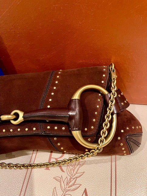 Sold Gucci Horsebit 1955 Chain Suede leather bag in Burgundy with gold studs