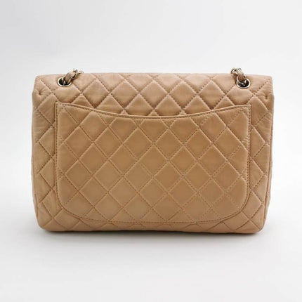 Chanel Classic Flap Maxi Beige Latte Lambskin Leather Giant Gold-tone CC Logo