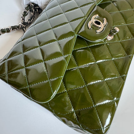 Chanel Classic Flap Jumbo Large Green Patent Leather Silver Hardware