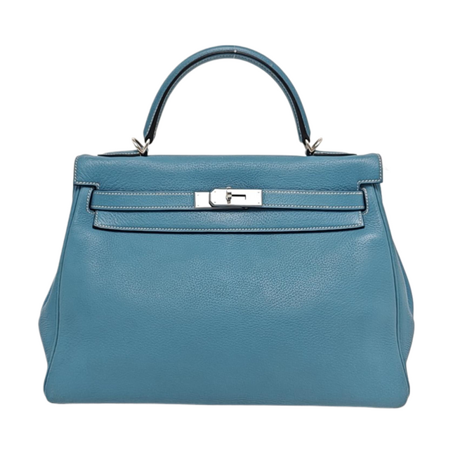 Hermes Kelly 32 Retourne Double Ring Blue Jeans Evercolor Leather Palladium Hardware 2002-Luxbags