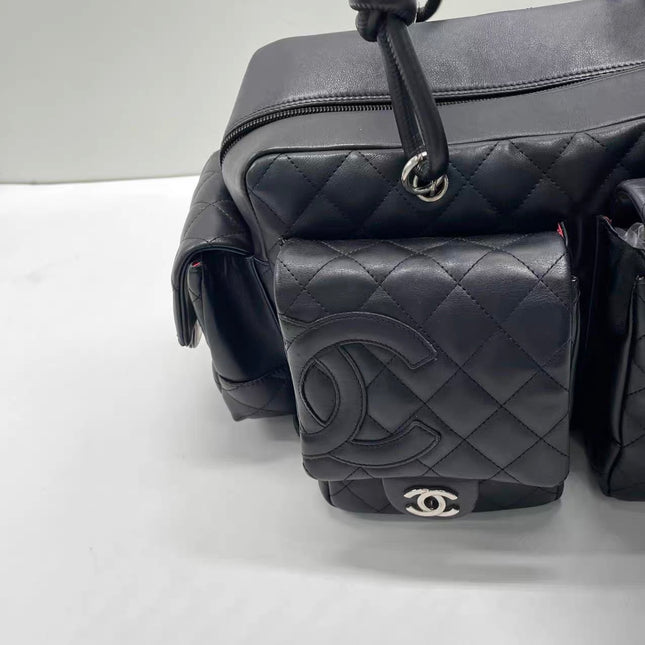 Chanel Cambon Multi-pocket Ligne Reporter Bag Medium Black CC on Black Calfskin Leather