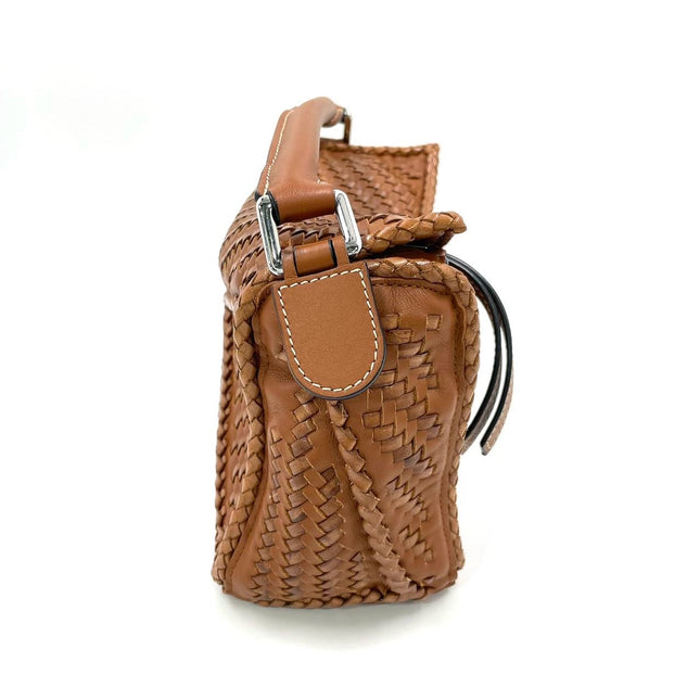 Loewe Puzzle Small Leather Woven Caramel Tan Crossbody Bag
