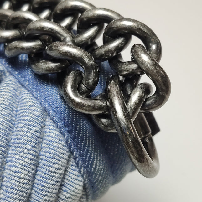 Chanel Le Boy Small Denim Blue Jeans Chevron Stitching Silver Hardware