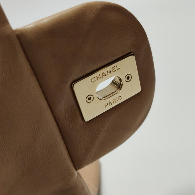 Chanel Classic Flap Maxi Beige Latte Lambskin Leather Giant Gold-tone CC Logo