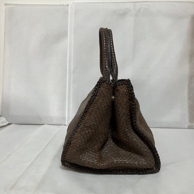 Prada Madras Brown Woven Leather Top Handle Shopping Tote