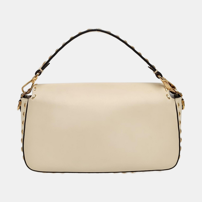 Fendi Baguette Selleria Medium White Calfskin Leather Gold Studs Crossbody Bag