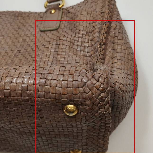Prada Madras Brown Woven Leather Top Handle Shopping Tote Medium