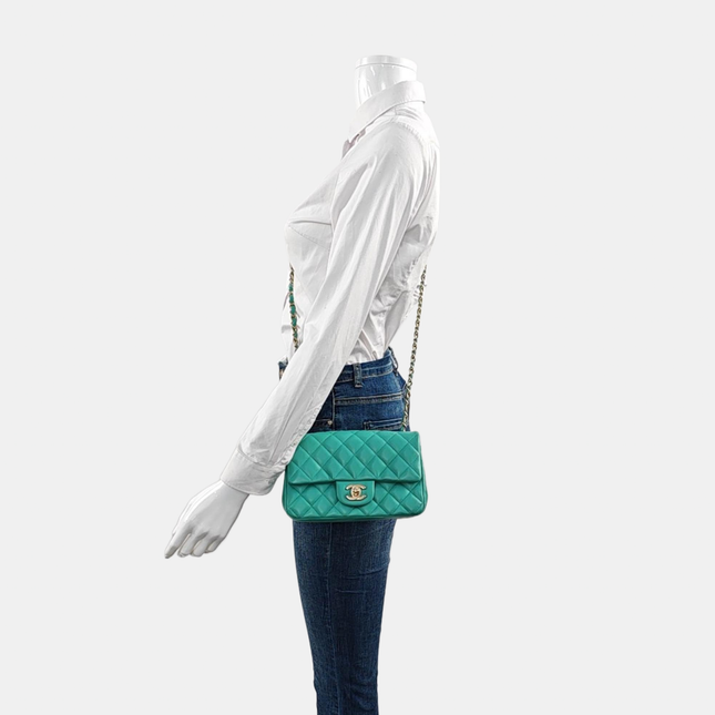 Chanel Classic Flap Mini 2018 Turquoise Blue Green Lambskin Leather Gold Hardware