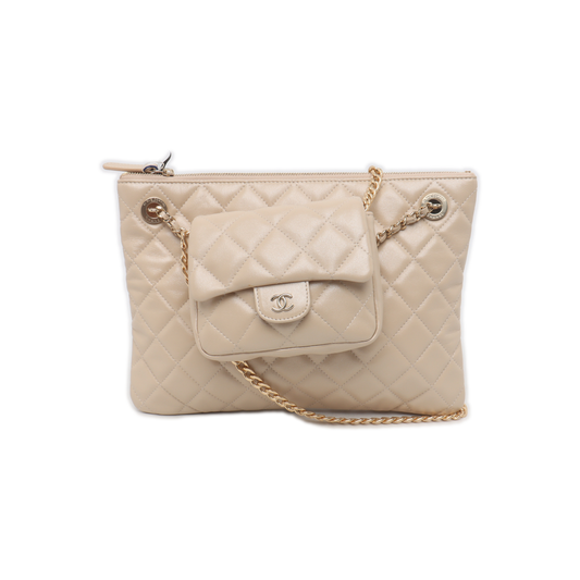 Chanel Beige Iridescent Lambskin Quilted Pouch with Mini Flap Purse-Luxbags