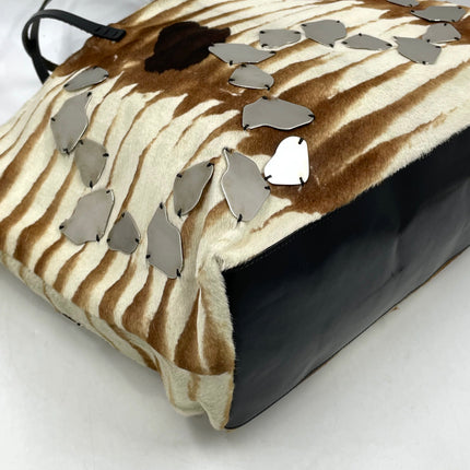 Fendi Brown and White Zebra Print Ponyhair Tote with Metal Plates
