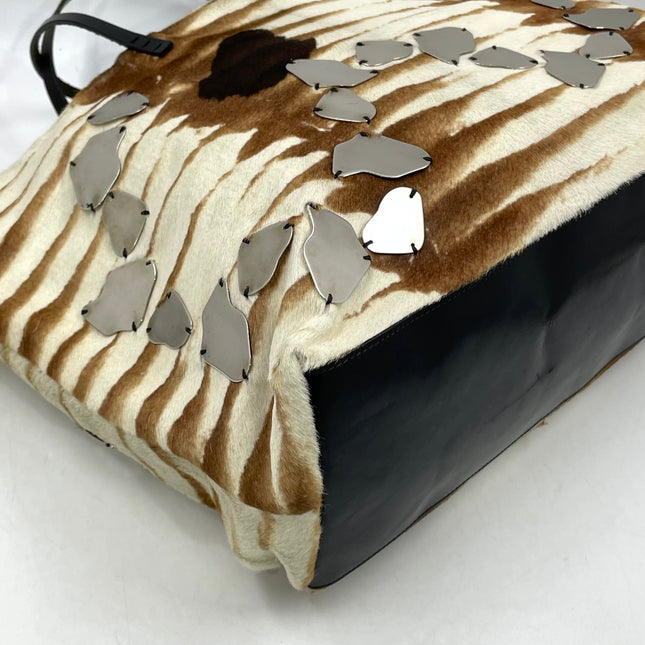 Fendi Brown and White Zebra Print Ponyhair Tote with Metal Plates