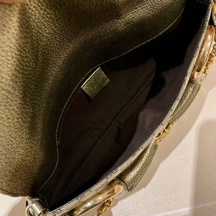 Sold Gucci Horsebit 1955 Large Cloth Beige Monogram Gold Leather Shoulder bag