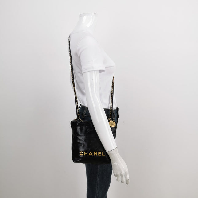 Sold Chanel 22 Hobo Bag Mini Shiny Calfskin Leather Black with Gold-tone Hardware
