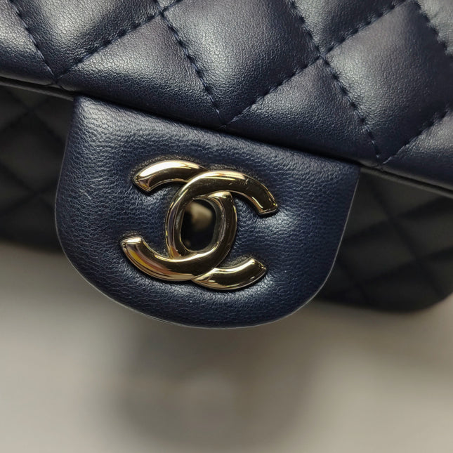 Chanel Classic Flap Mini Rectangular Navy Lambskin Leather Gold Hardware Microchip