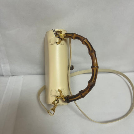 Gucci Bamboo 1947 Vintage Small White Box Leather Top Handle and Leather Strap Bag