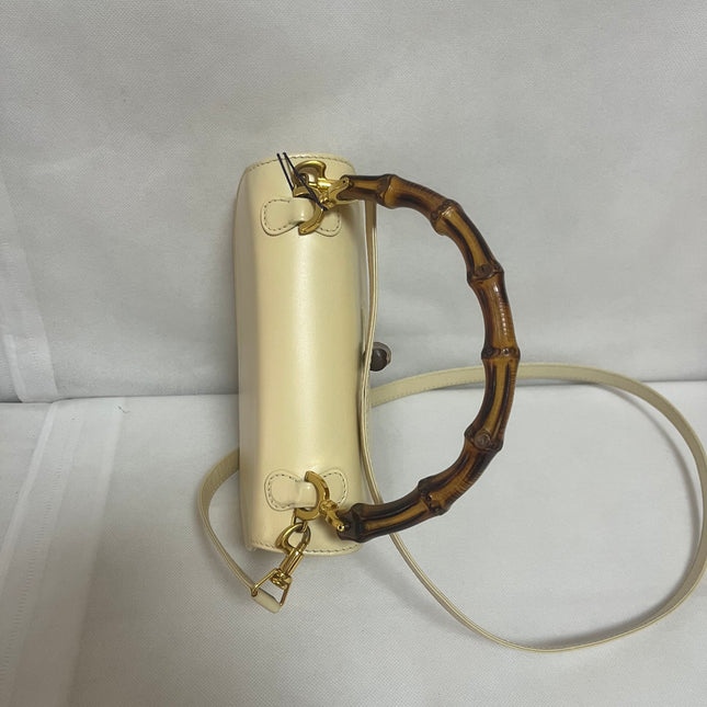 Gucci Bamboo 1947 Vintage Small White Box Leather Top Handle and Leather Strap Bag