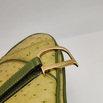 Dior Vintage Double Saddle Green Ostrich Leather Gold Hardware
